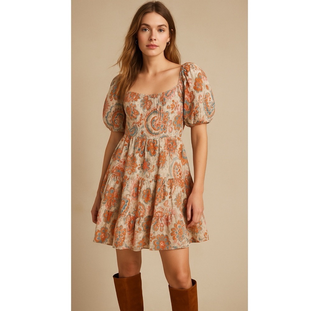 1. STATE Puff Sleeve Gauzy Boho Paisley Floral Tiered Mini Dress Tie Back L